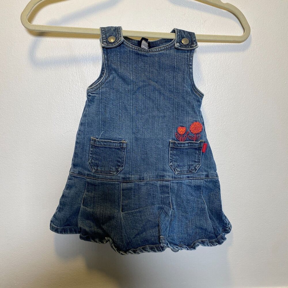 Retro GAP Stretch Toddler Denim Jumper Dress Embroidered Flowers Blue - Picture 2 of 4